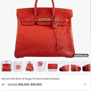 Authentic RARE HERMES Hac Birkin 32 bag Ostrich leather Rouge Vif red